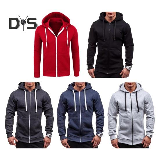 Fall Winter Men Jacket Hooded Drawstring Zip-up Long Sleeves Solid Color Cardigan Elastic Cuff Pockets Mid Length Hoodie Jacket