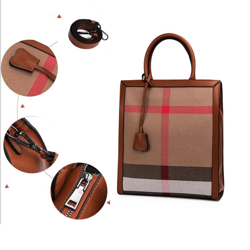 Classic Retro Handbags Fashion Casual Tote Plaid Canvas Luxury Shoulder Bag Genuine Leather Crossbody Bag For Ladies