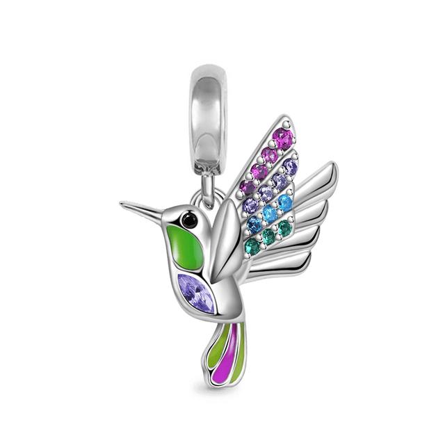 NEW Fine S925 Silver Pink Glass Flamingo Dangle Bead Pendat Fit Original  Bracelet Jewelry Shiny Colored Zircon Bird Charm