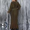Plus Size Women Evening Dress V-Neck Long Sleeve High Waist Tight Long Dress Solid Color Shiny Fishtail Dress