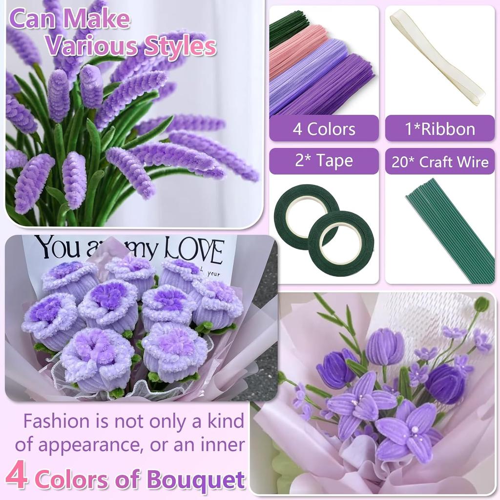 400 Pcs Pipe Cleaners Craft,4 Assorted Colors Pipe Cleaners Bulk, Chenille Stems for DIY Flower Making Kit with Floral Wires, Gardening Tape,(Purple)