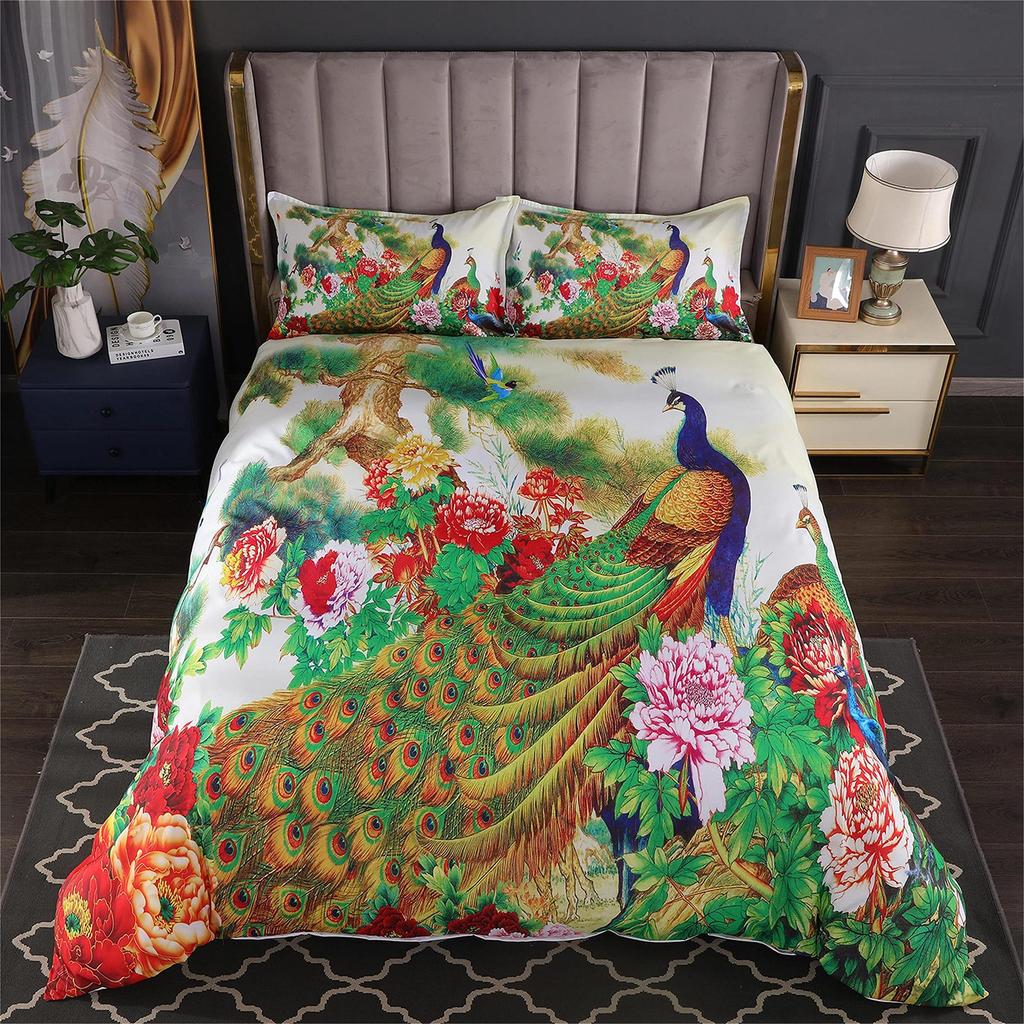 Peacock Flower Pattern Bedding Three-Piece Quilt Cover