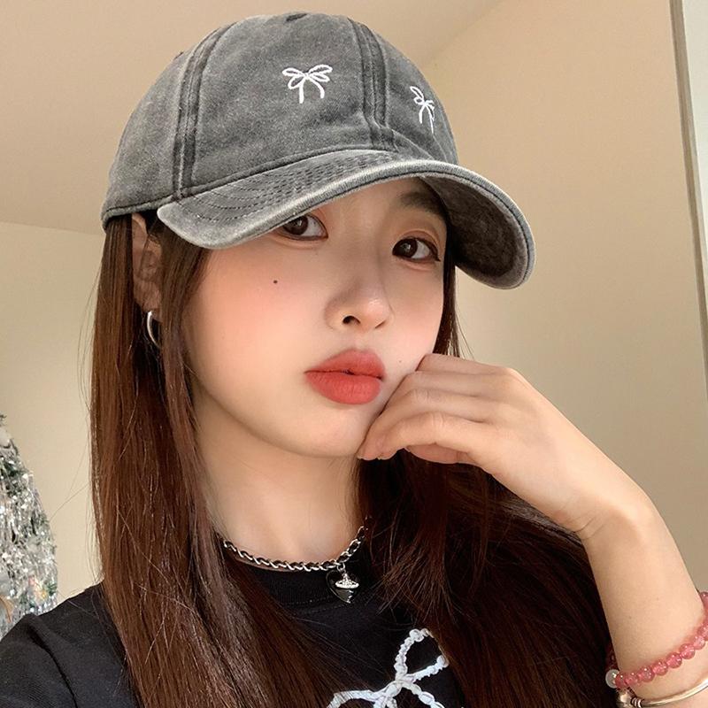 Korean Bow Embroidered Baseball Cap For Women Girl Washed Cotton Summer Outdoor Sunscreen Hat Solid Color Adjustable Hats