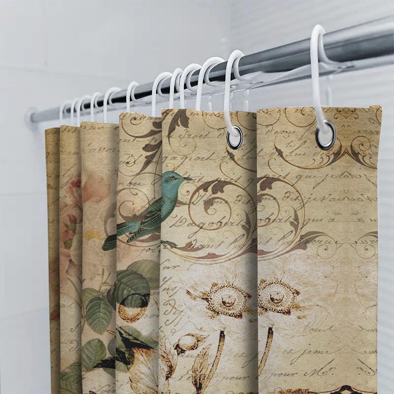 Vintage Badezimmer Duschvorhang Dekor Mit Blumendesign Für Wohnkultur Wasserdichtes Stoffhakenringe Set (Grüner Vogel)