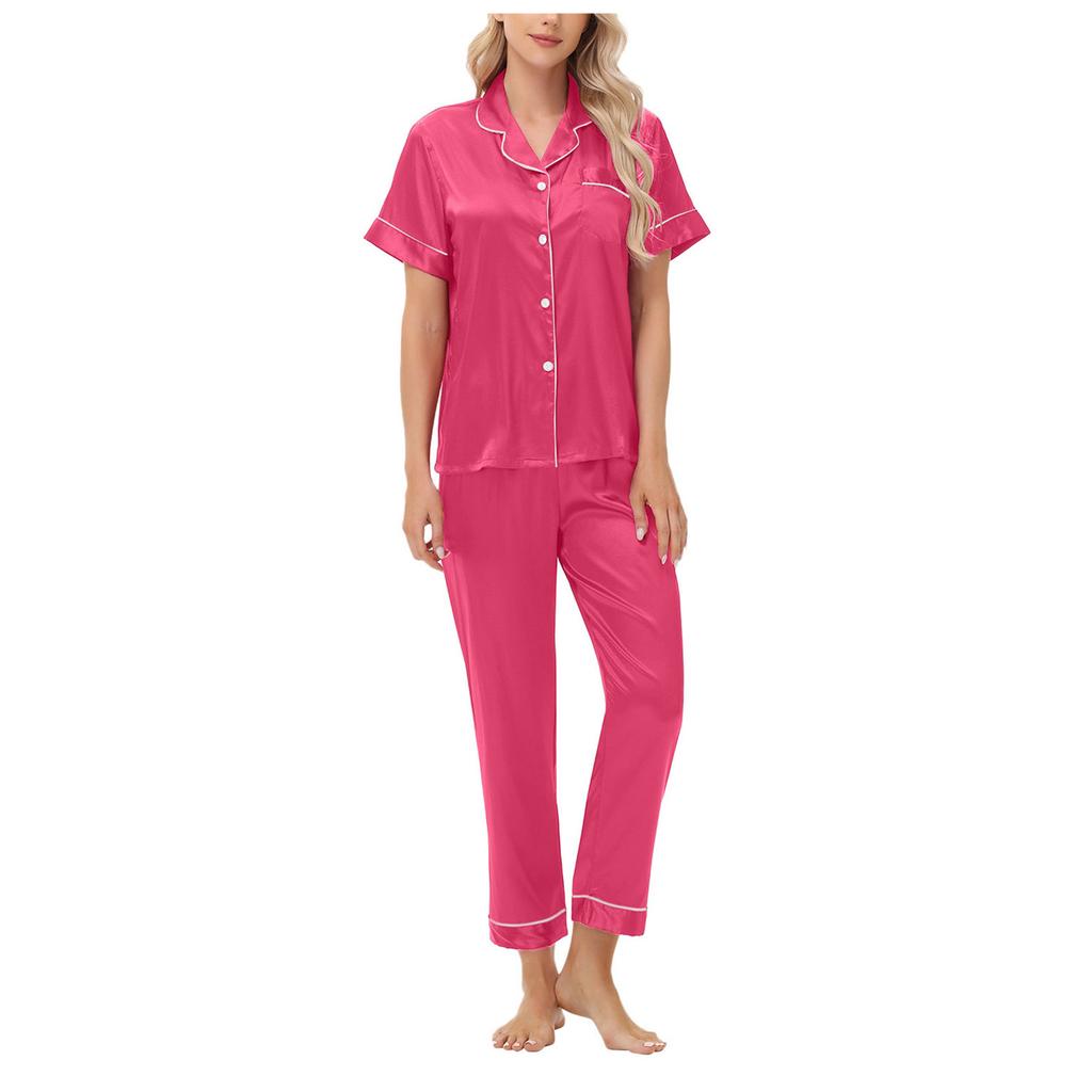 Amazon Independent Station Eisseiden-Pyjama Satin-Set Kurzarm Lange Hose Übergröße Damen Loungewear