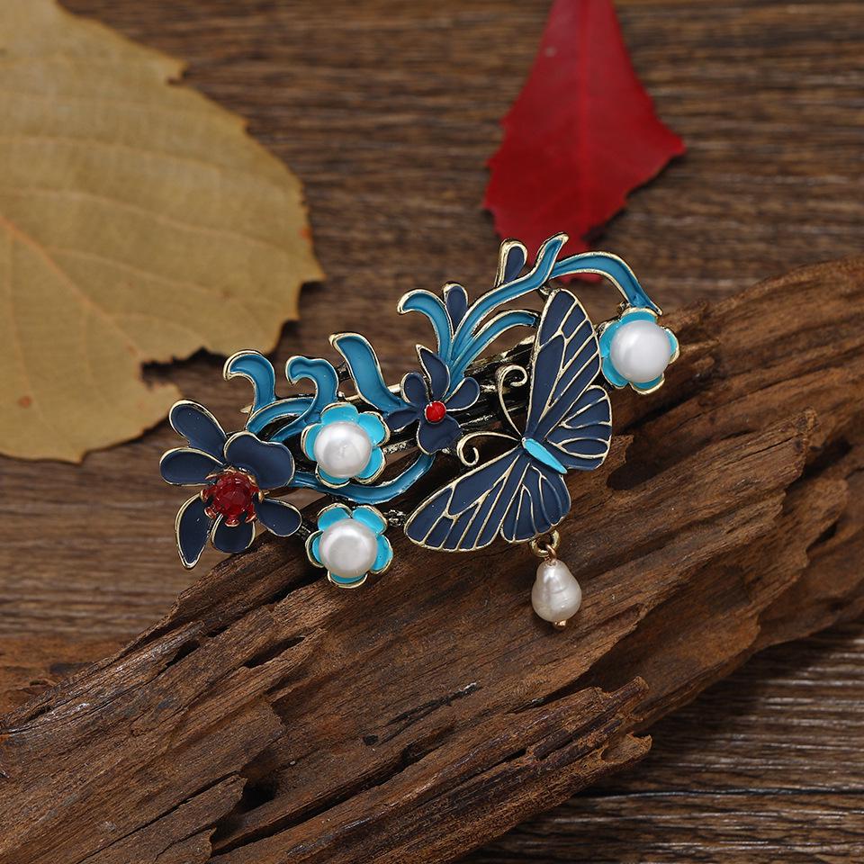 

Винтажная заколка для волос с кисточкой-бабочкой, пресноводным жемчугом и перегородчатой эмалью для костюмов Ханфу