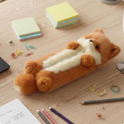 Animal Pencil Case Furry Textile Soft Vertical Zipper Cute Pouch Brown