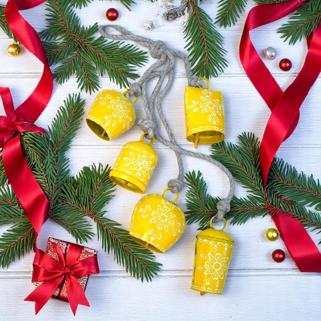 Hand Painted 25 Inch Rustic Wind Chime with 5 Floral Bells for Garden Porch Decor and Soothing Melodic Sounds (Yellow)