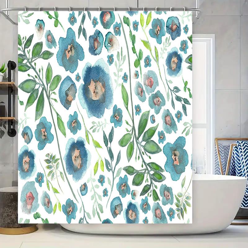 

GAEVibrant Floral Shower Curtain: Blue Green Watercolor Print for Bathroom Decor Easy Fit Rings Included (White Background) 150x180cm