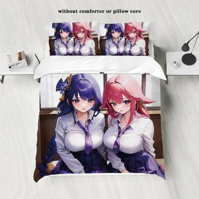 3-teiliger Cartoon-Anime-Mädchen-Muster bedruckter Daunenbettbezug (3-teiliges Set+2 Kissenbezüge, ohne Füllung) Bettwäsche-Set