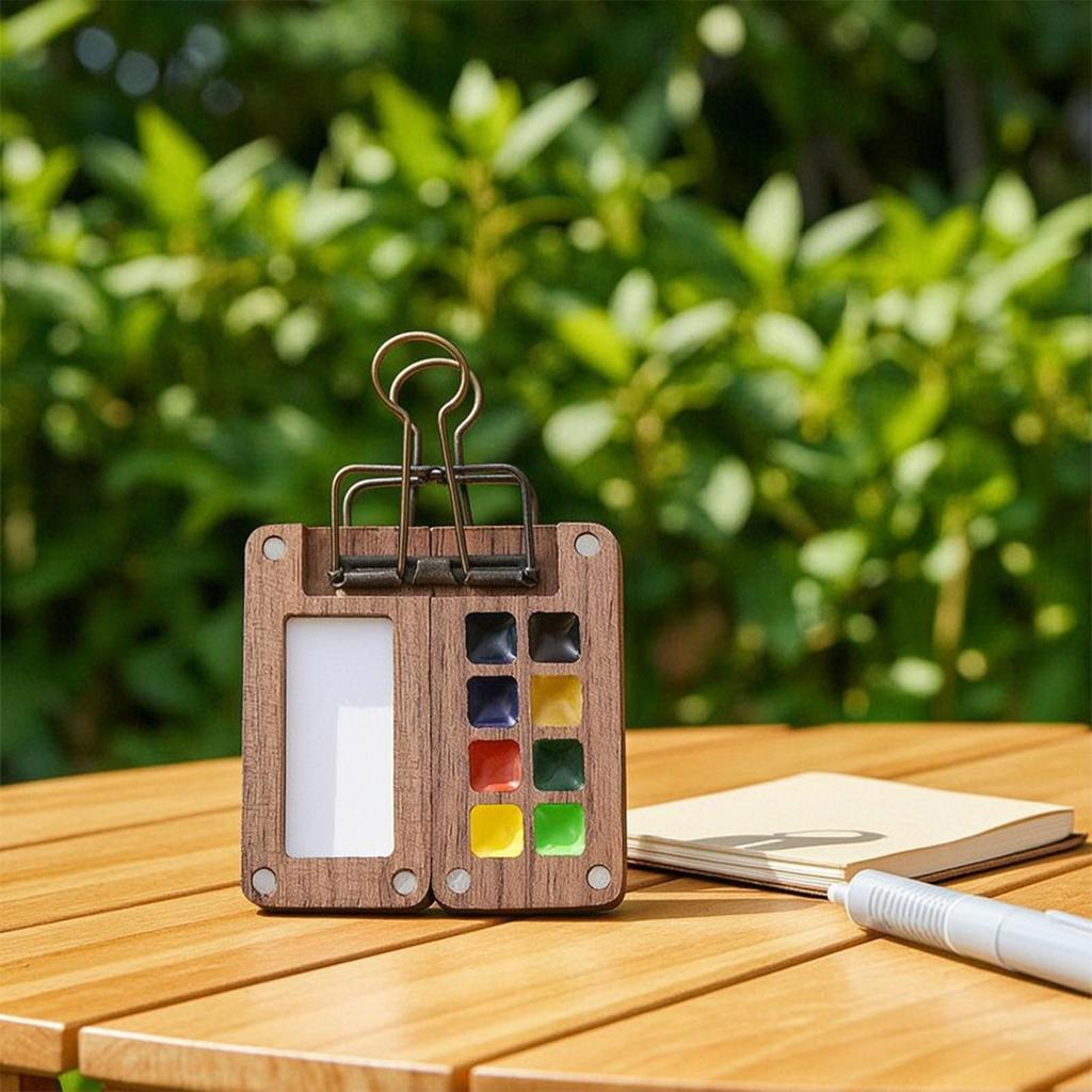 Watercolor Palette with Binder Clip Compact PocketSized Wooden Paint