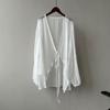 Women's V Neck Long Sleeve Midi Cardigan Loose Fit Chiffon Open Front Cover Up