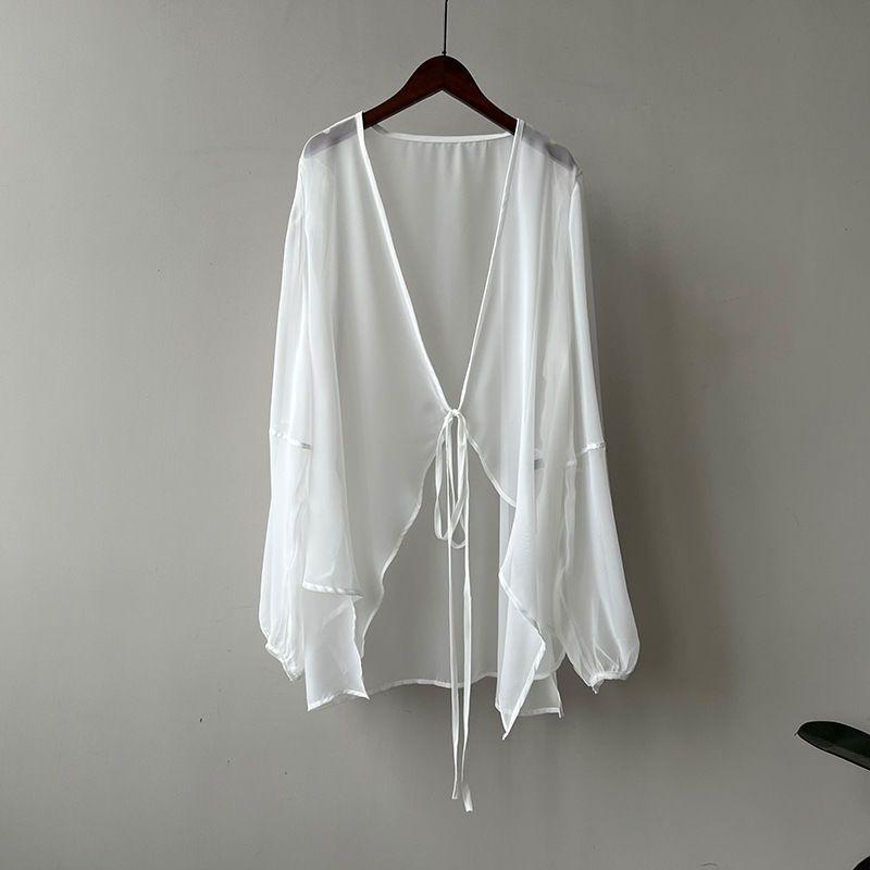 Women's V Neck Long Sleeve Midi Cardigan Loose Fit Chiffon Open Front Cover Up