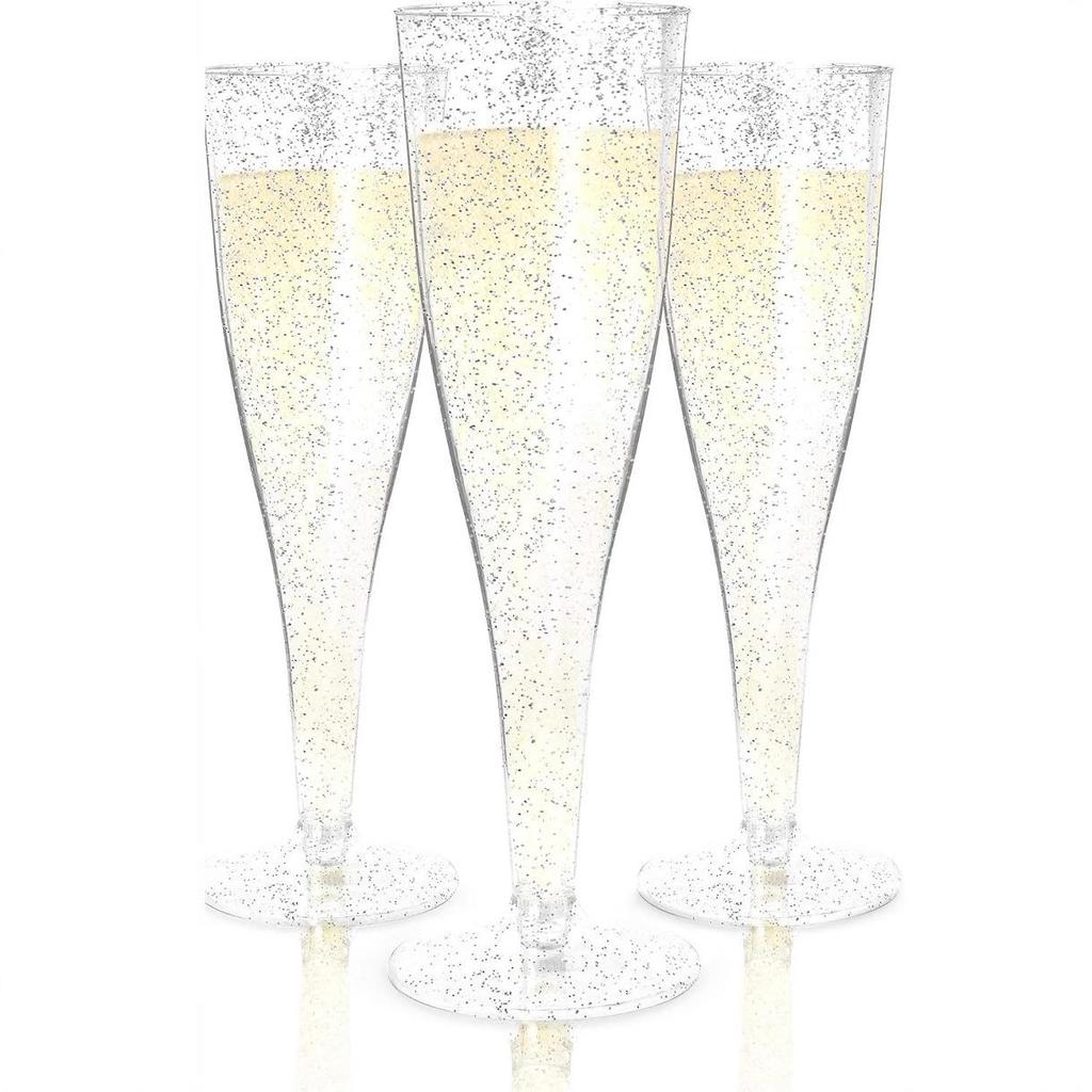4.5 Oz Gold Glitter Disposable Champagne Flute - High-Stem Plastic Red Wine or Cocktail Glass