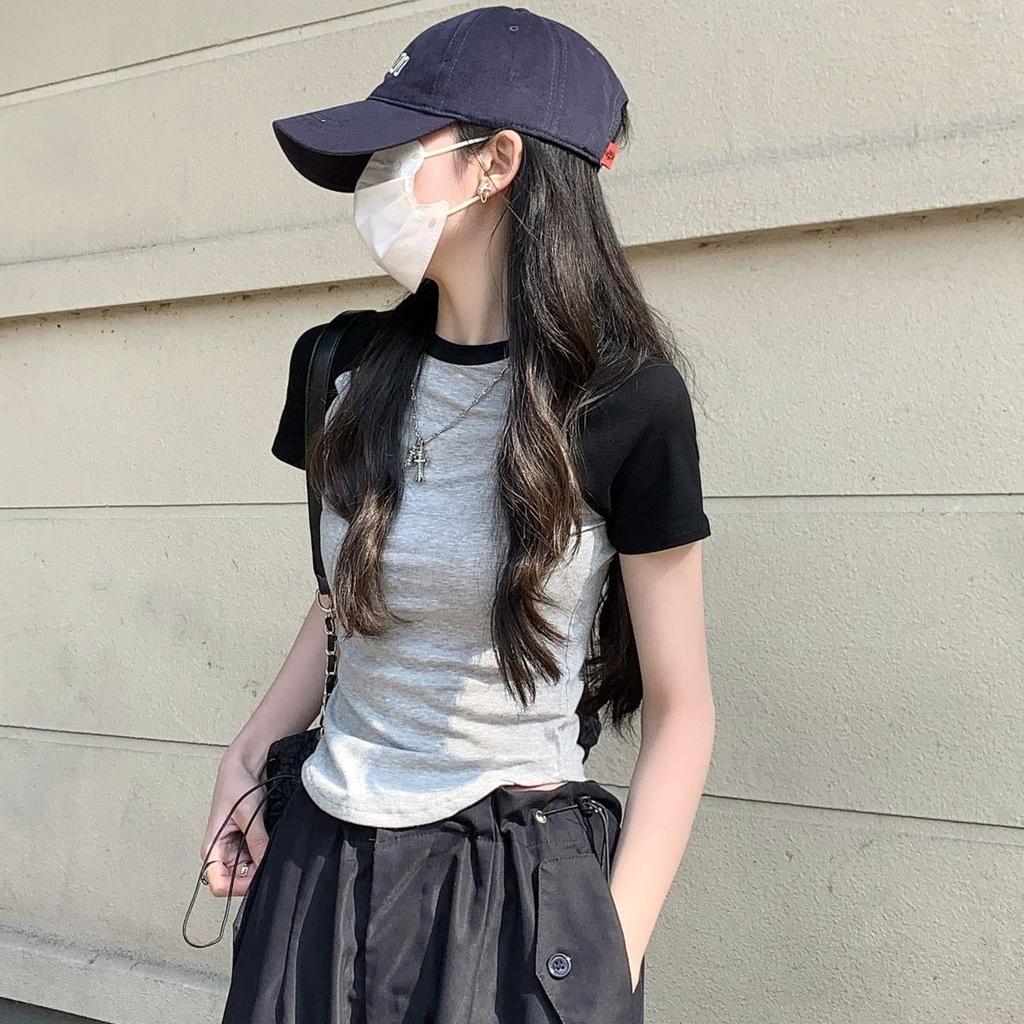 Women's Crew Neck Short Sleeve Top Slim Fit Casual Raglan Tee Fashion Cropped Crop Top