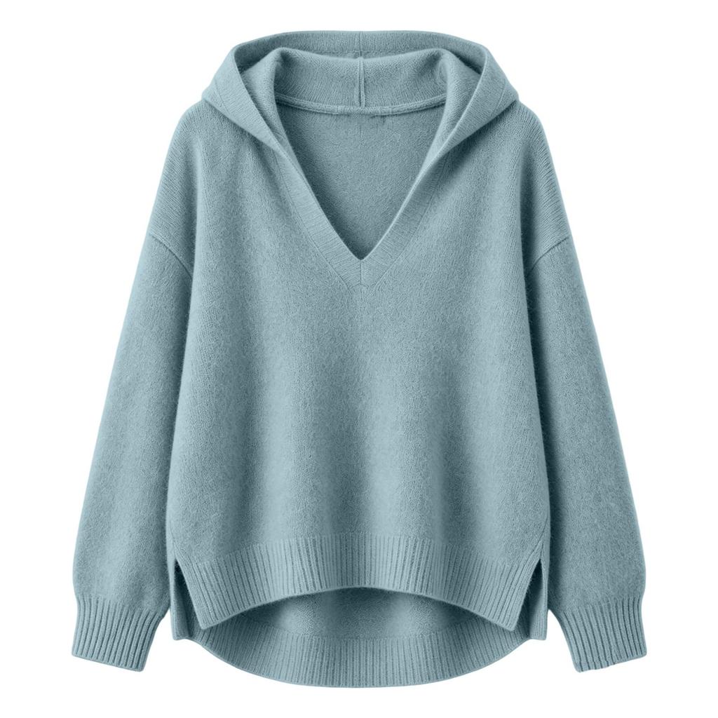 Women's Fashion Knit Sweater, Loose Fit Hooded V Neck Long Sleeve Pullover for Fall Winter
