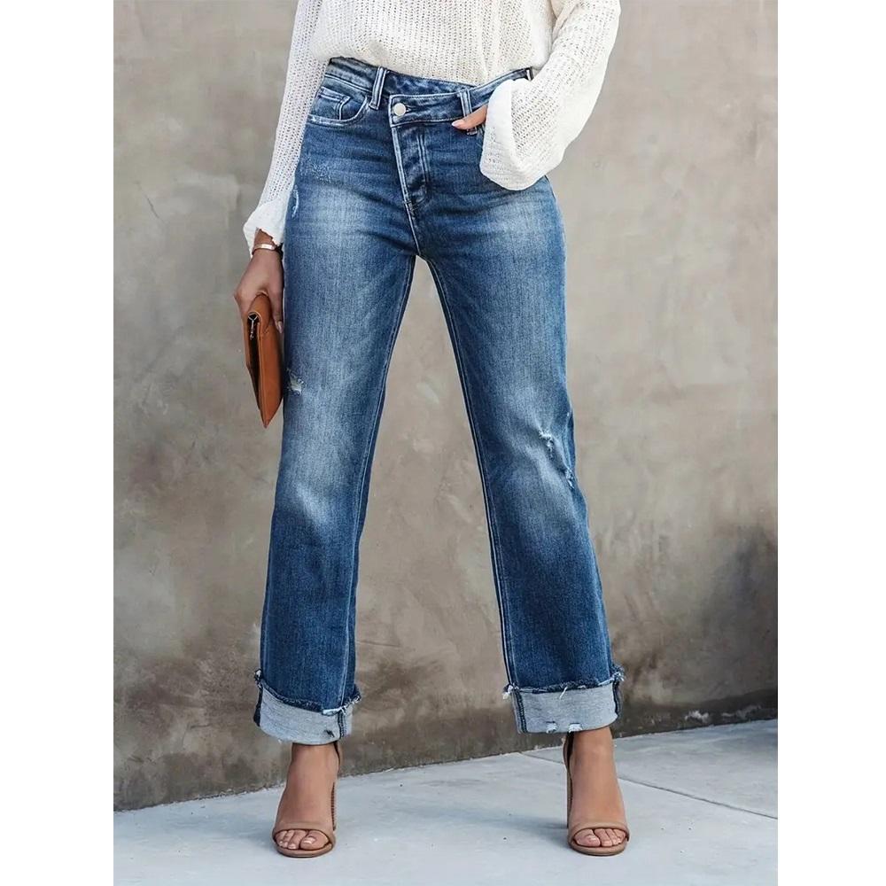 High Waist Stretch Denim Jeans for Women Solid Color Slim Straight Pants Pantalones De Mujer