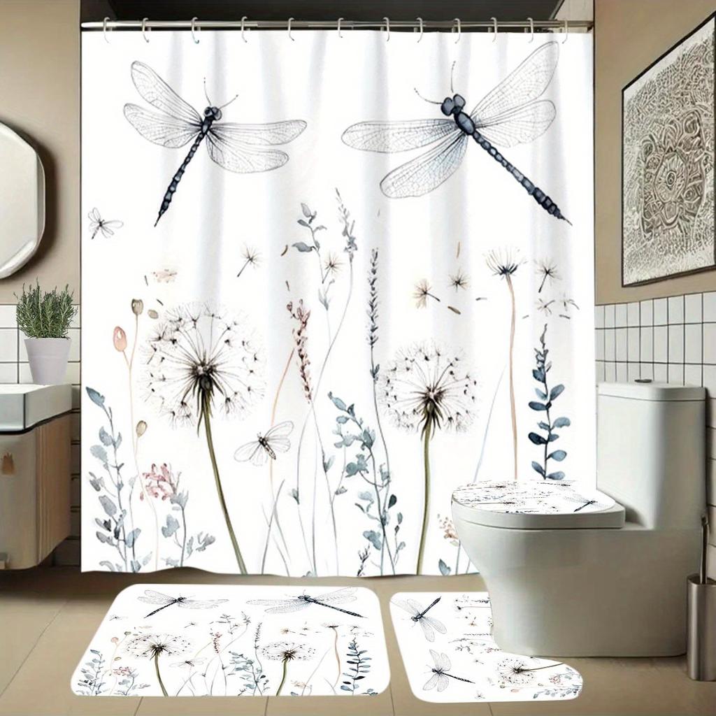 4-Pack Dragonfly, Dandelion, Plant Pattern Shower Curtains With Hooks, Bathroom Partition Curtains, Home Decor