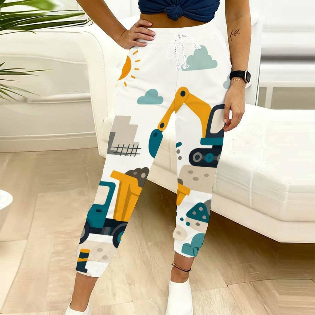 Women Plus Size White Cartoon Construction Vehicle Printed Drawstring Waist Jogger Pants Side Pockets Cuffed Ankle