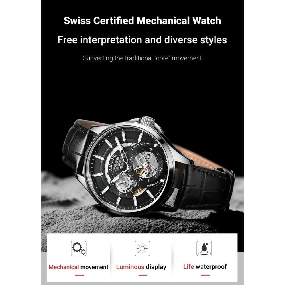 AILANG Men Automatic Mechanical Wristwatch Hollow Skeleton Dial Stainless Steel Band Business Sport Male Watch