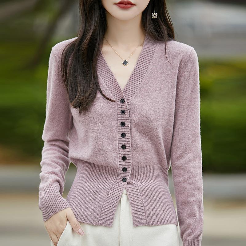 Damen Strickjacke mit langen Ärmeln, V-Ausschnitt, Eleganter Strickpullover