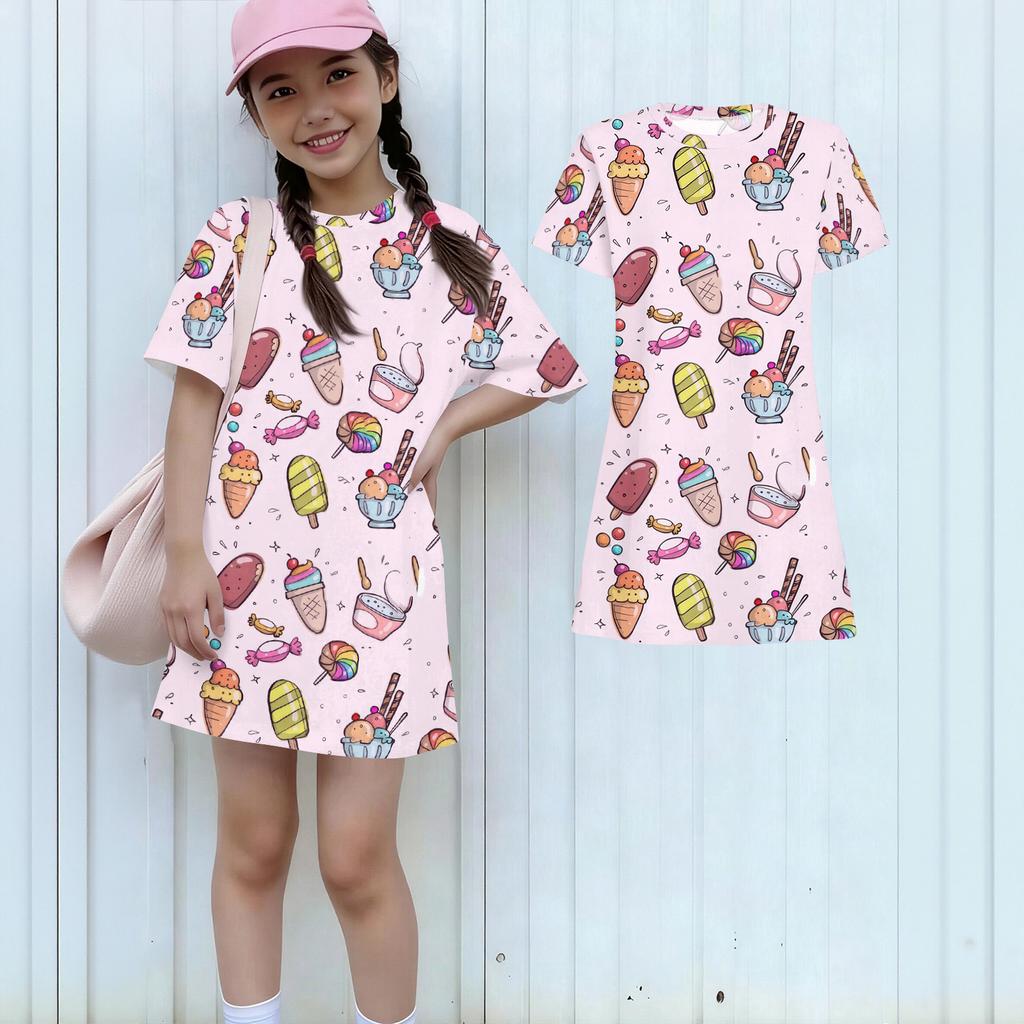 Girls Print Casual Dress Kids Loose Round Neck Short Sleeve Thin Sundress