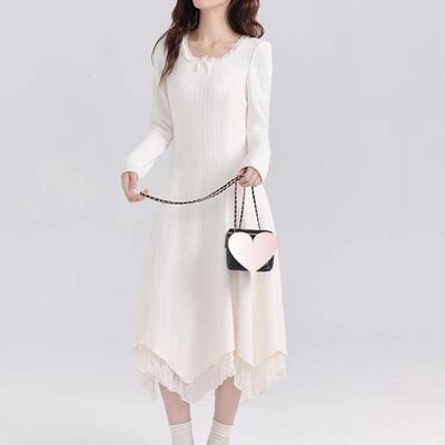 Elegant Pure White Lace Long Dress for Women - Perfect Base Layer for Autumn/Winter 2026, Pair with a Coat