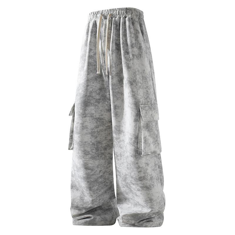 Summer Men Tie Dye Elastic Waist Wide Leg Cargo Pants M белый