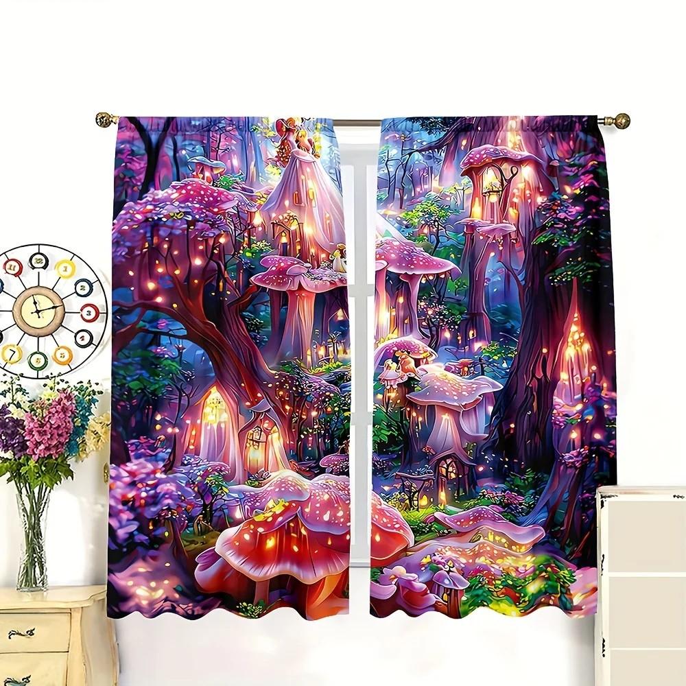 2pcs Dreamy Mushroom Floral Curtains   Polyester   Home Decor   Rod Pocket   Window Treatment for Living Room   Kids Room