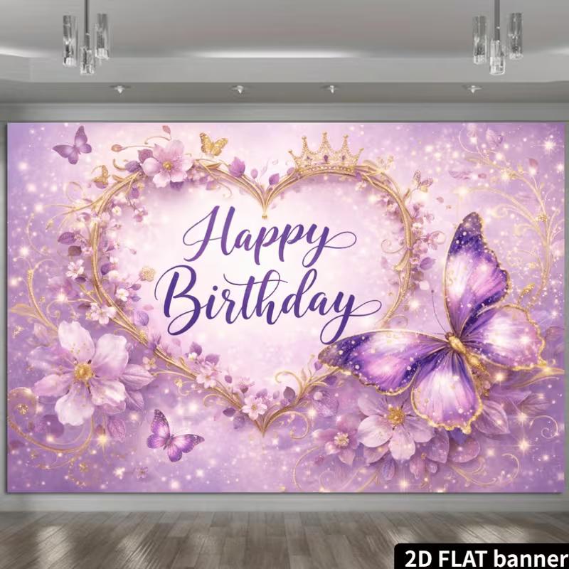 2D Princess Themed Purple Happy Birthday Backdrop Banner Party Decoration