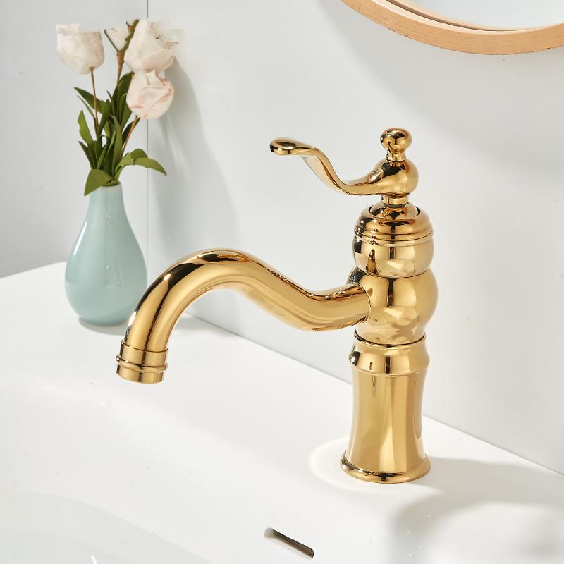 Tuqiu Gold Bathroom Faucet Brass Antique Bathroom Basin Faucet Cold And Hot Water Mixer Sink Tap Single Hole Lavotory Tap