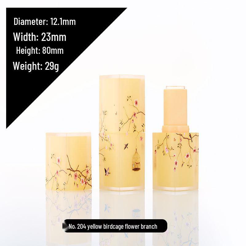 Elegant Frosted Translucent Square Lipstick Tube - Chinese Style 3D Printed Magpie Floral Design, 12.1g