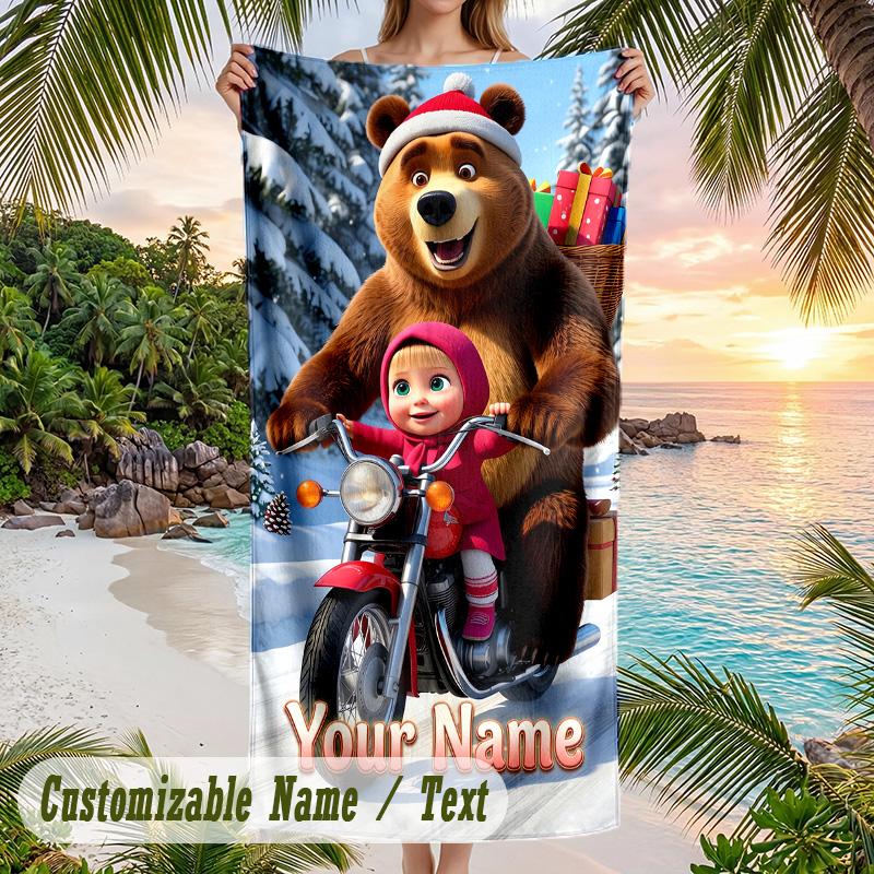 Masha and the Bear Beach Towel, Personalized Custom Text, Quick Dry Soft Large Towel For Swimming Pool Travel