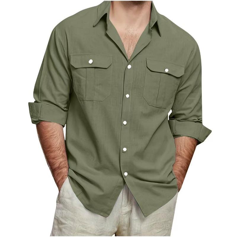 Camicia da uomo a maniche lunghe in cotone con doppia tasca, colori casual
