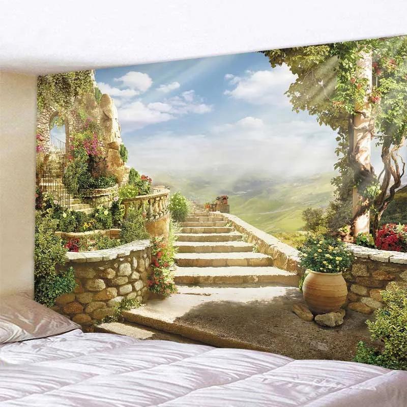 Bohemian aesthetic home wall decoration beautiful landscape tapestry European garden sea view wall hanging hippie