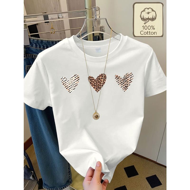 

Womens Casual Tee Leopard Print Hearts Design Round Neck Short Sleeve Lightweight Breathable Machine Washable All Season Comfort Versatile 4XL білий