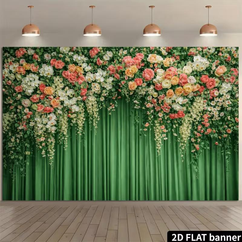 2D Elegant Floral Top Green Curtain Photography Background