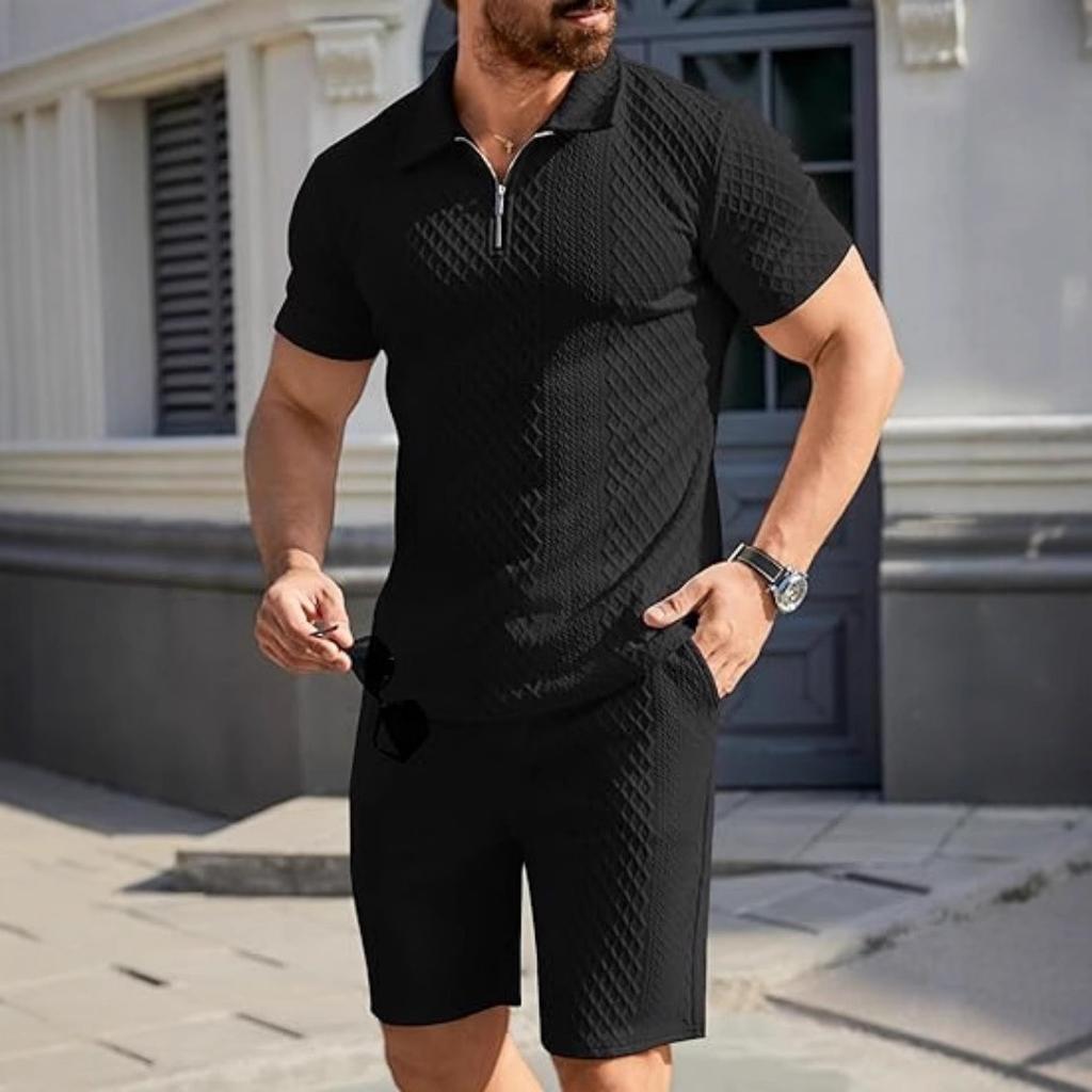 Men's sports and leisure suit Summer knitted short-sleeved shorts two-piece set men's short-sleeved lapel polo shirt suit
