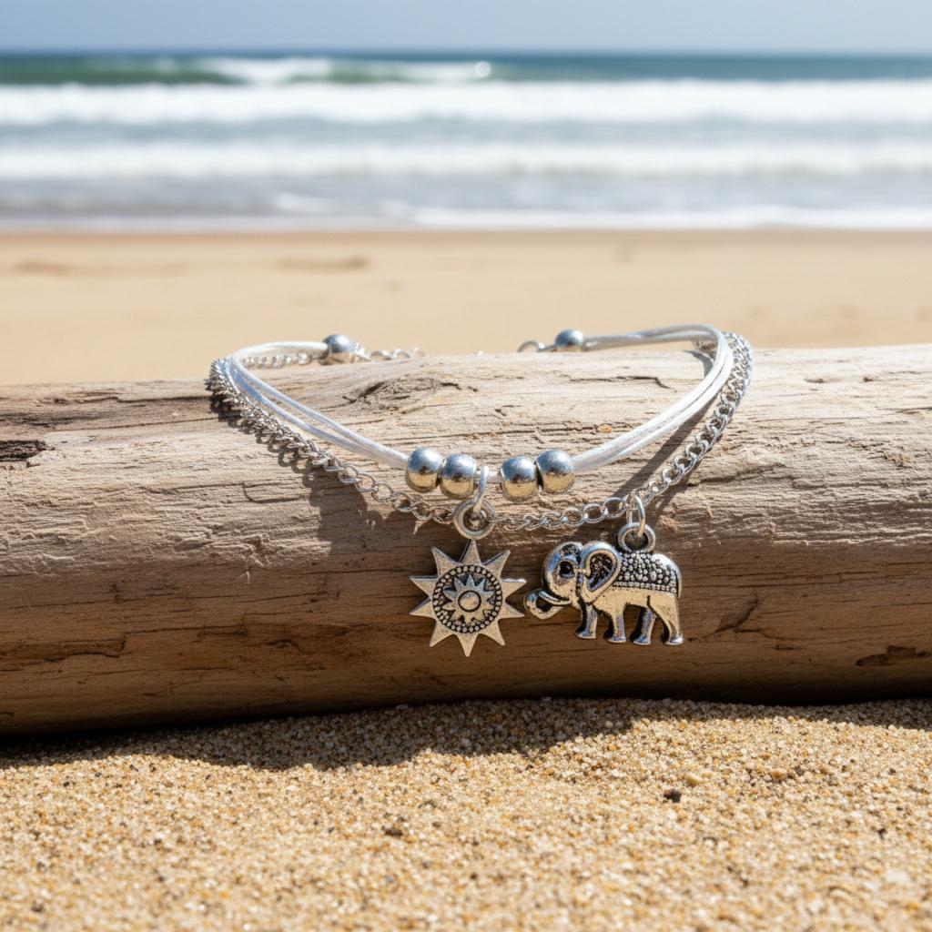 High-quality hypoallergenic bohemian style vintage silver-tone elephant and sun multi-layer anklet for summer beach wear pcs Trendy fashion