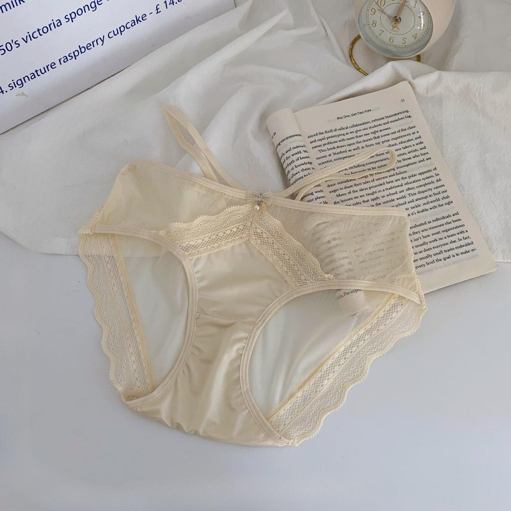 Ladies Spring and Autumn Sexy Lace Cross Strap Breathable Mesh Cotton Crotch Panties