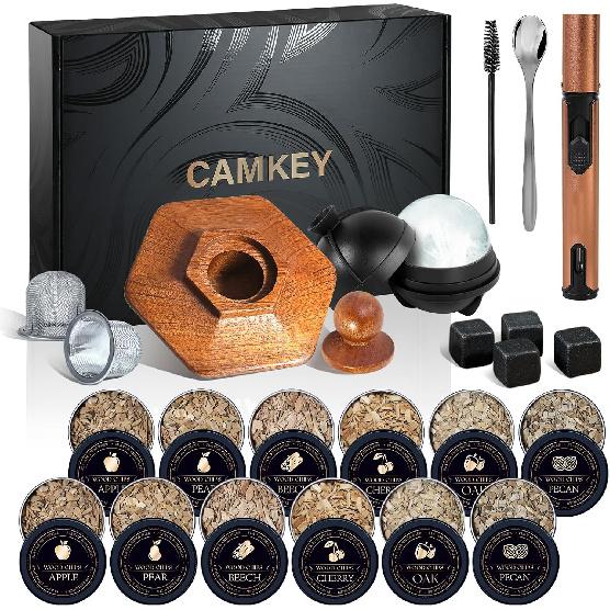 23Pcs Whiskey Smoker Kit with Torch-12 Wood Chips, Ice Ball Mold, Cocktail Smoker Infuser Kit, Old Fashioned Drink Smoker Kit, Birthday Bourbon