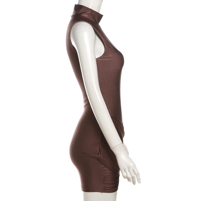 Fashion Elegant Half High Neck Sleeveless Dress New Solid Color Pleated Hip Casual Party Short Dress Female Simple Women's Clothing 3058
