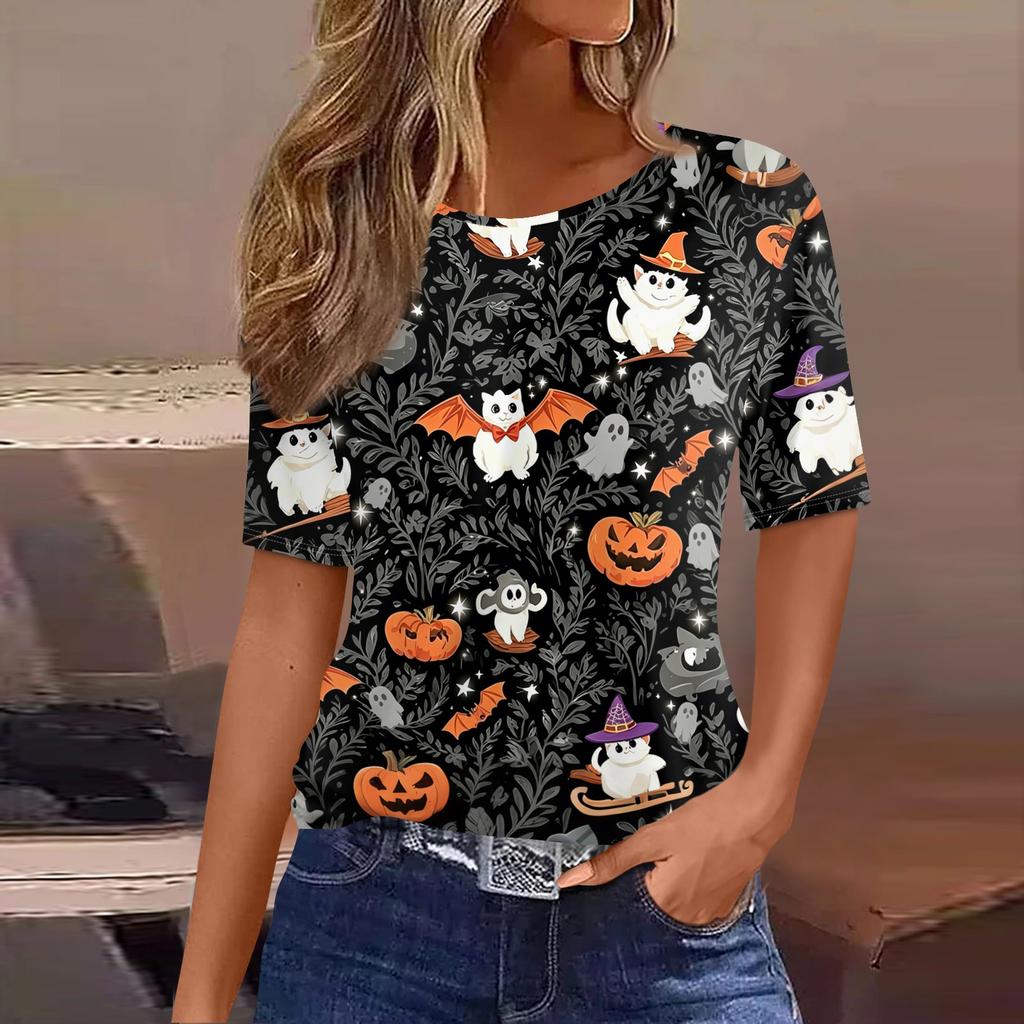 Women's Casual Short Sleeve Pullover Top Halloween Print Bat Pumpkin Ghost Spider Web Round Neck Shirt