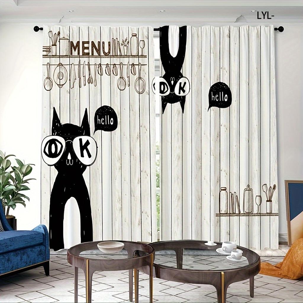 2pcs Medieval Abstract Cat Kitchen Curtains Tiers Funny Cute Animal Bohemian Leaves Modern Minimalist Art Office Cafe LivingRoom
