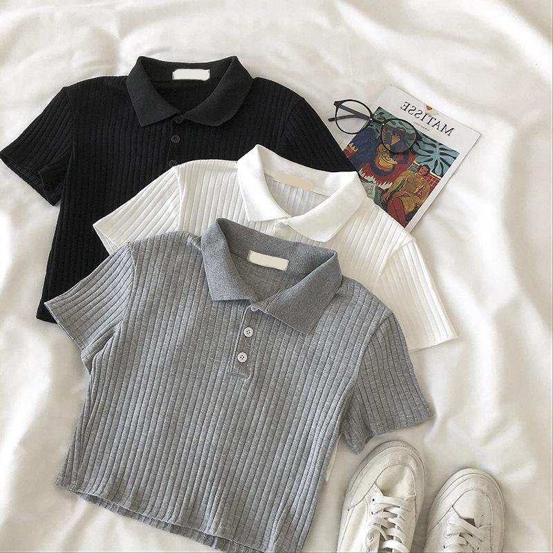 Women's Summer Ribbed Knit Polo Collar Slim Fit Top