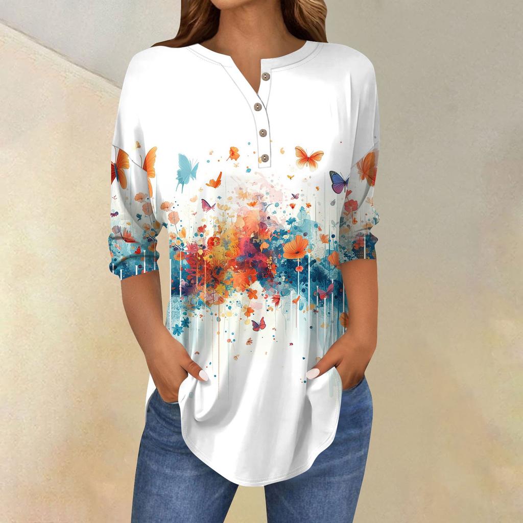 3/4 Length Sleeve Womens Tops Summer T-Shirts Floral Print V Neck Casual Basic Tee Button Shirts Tunic Tops