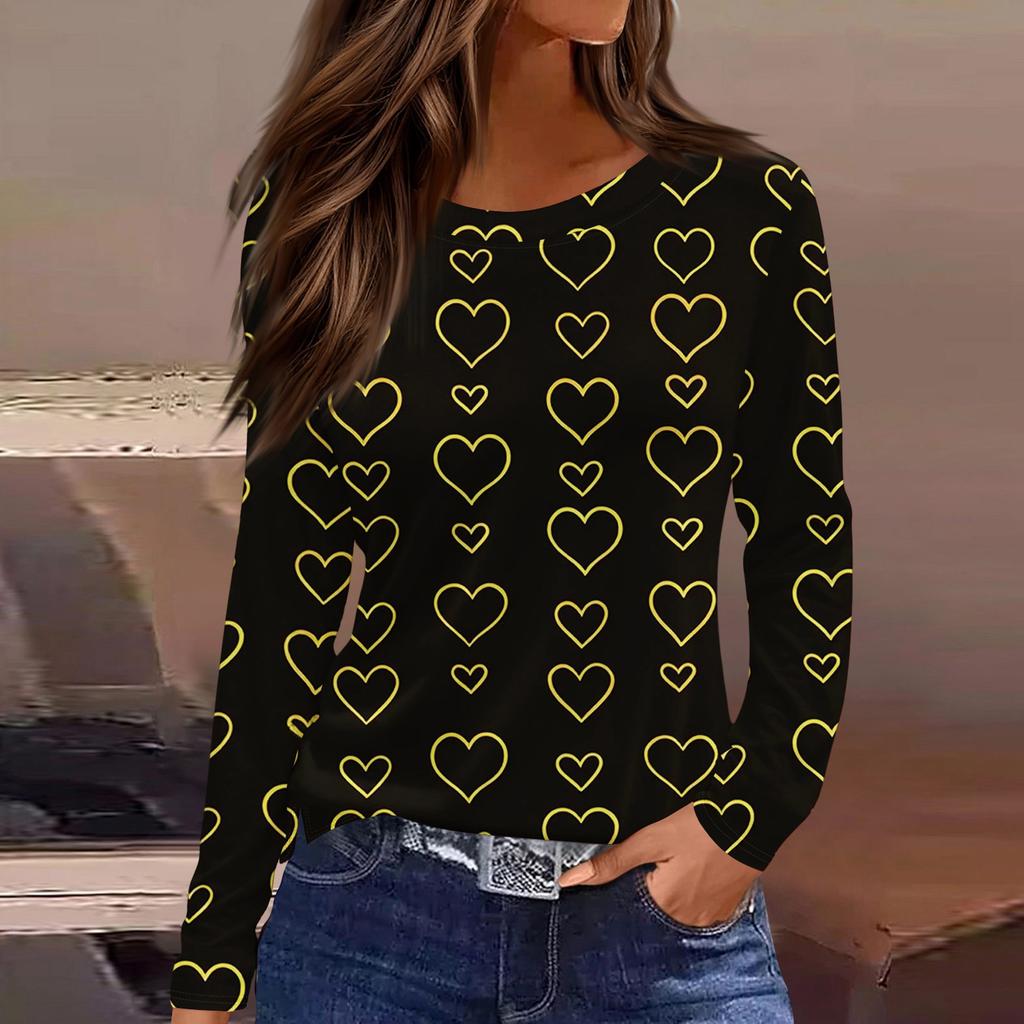 Women's Fashionable Long-Sleeved Round Neck Top with Slit Hem and Valentine's Day Heart Print