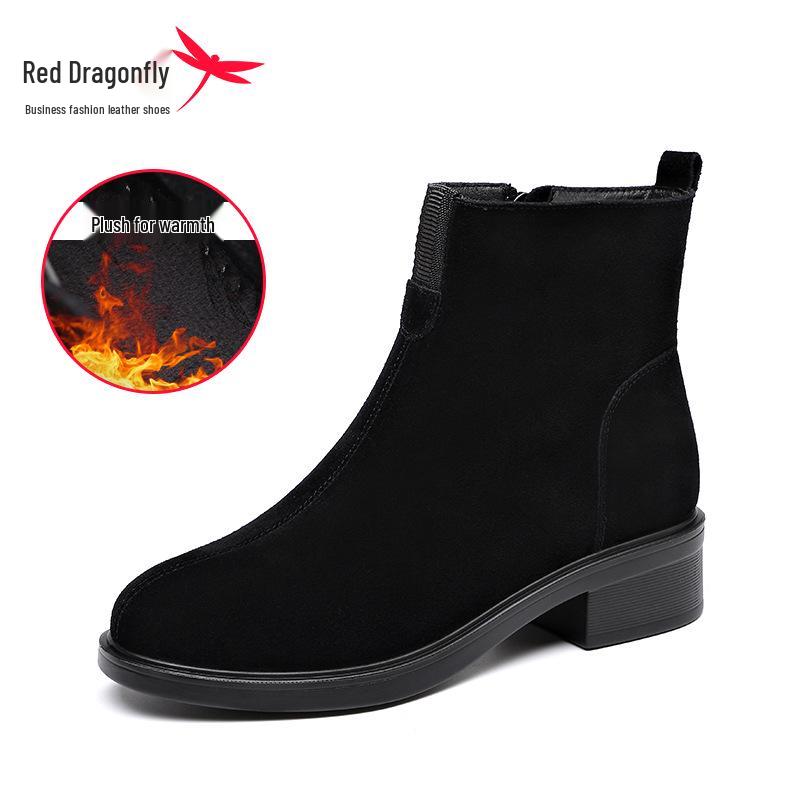 Red Dragonfly Women s Plus Velvet Winter Boots - Thick Sole Chunky Heel, Genuine Leather Suede 38 чёрный