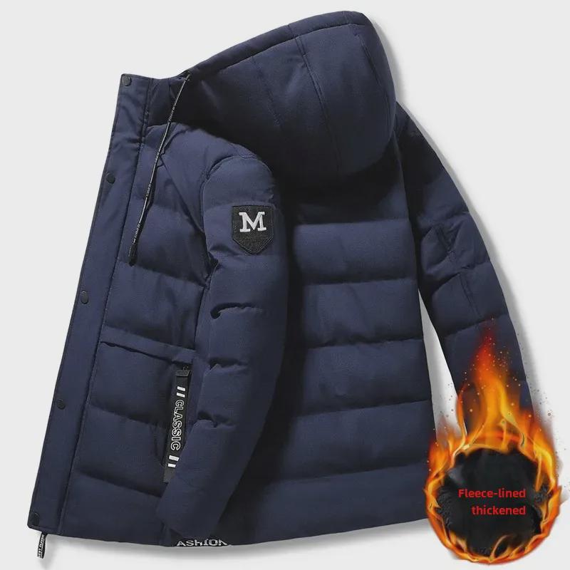 618 Men's Mid-Length Hooded Winter Jacket - Warm, Thick Plush Cotton-Padded with Ribbed M-Shaped Design
