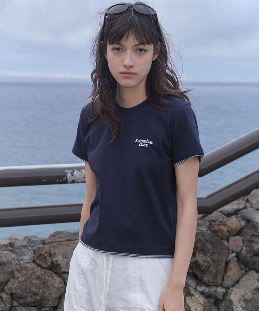 Sseomweeobeoteo Small Wave Logo Layered Top - Navy